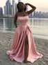 A Line Strapless Pink Satin Prom Dress with Slit LBQ2649